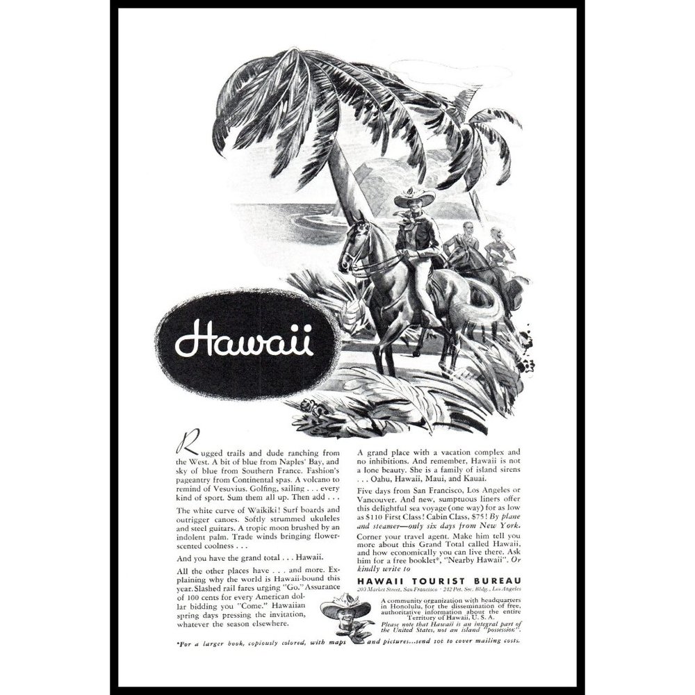 1934 Hawaii Tourist Board Hawaiian Vacation Vintage Print Ad Cowboy Trails Art